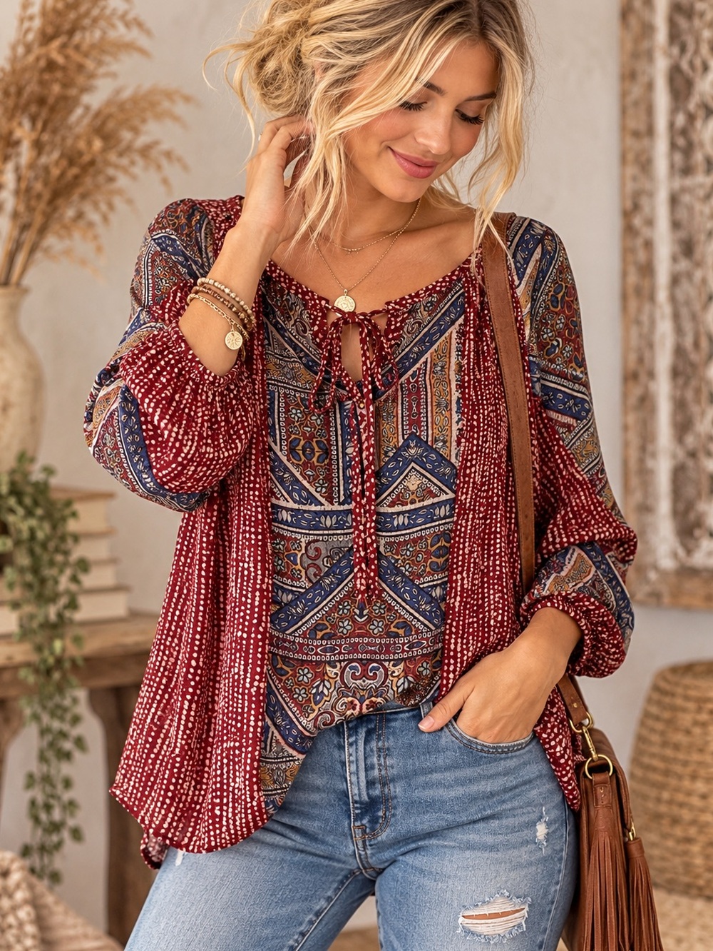 Monroe & Main Paisley Peasant
Blouse Burgundy Tie Neck Lightweight Boho Size M